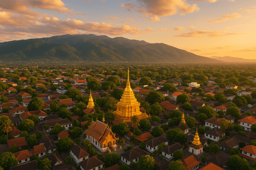 Aerial golden hour view of Chiang Mai's ancient temples and mountains