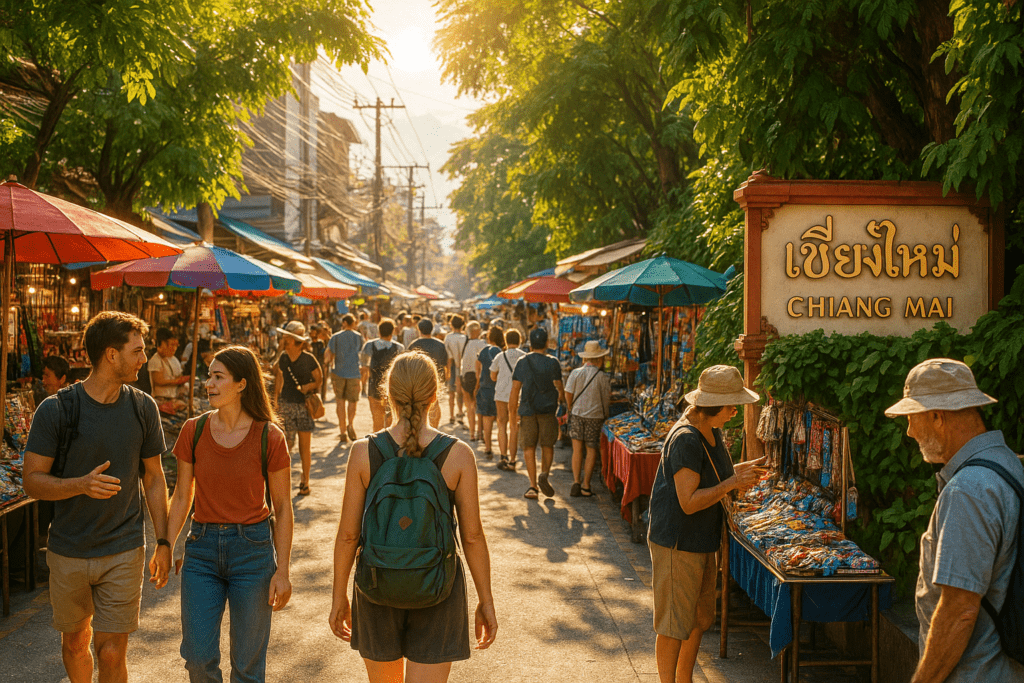 Busy streets of Chiang Mai during the cool season with vibrant market stalls