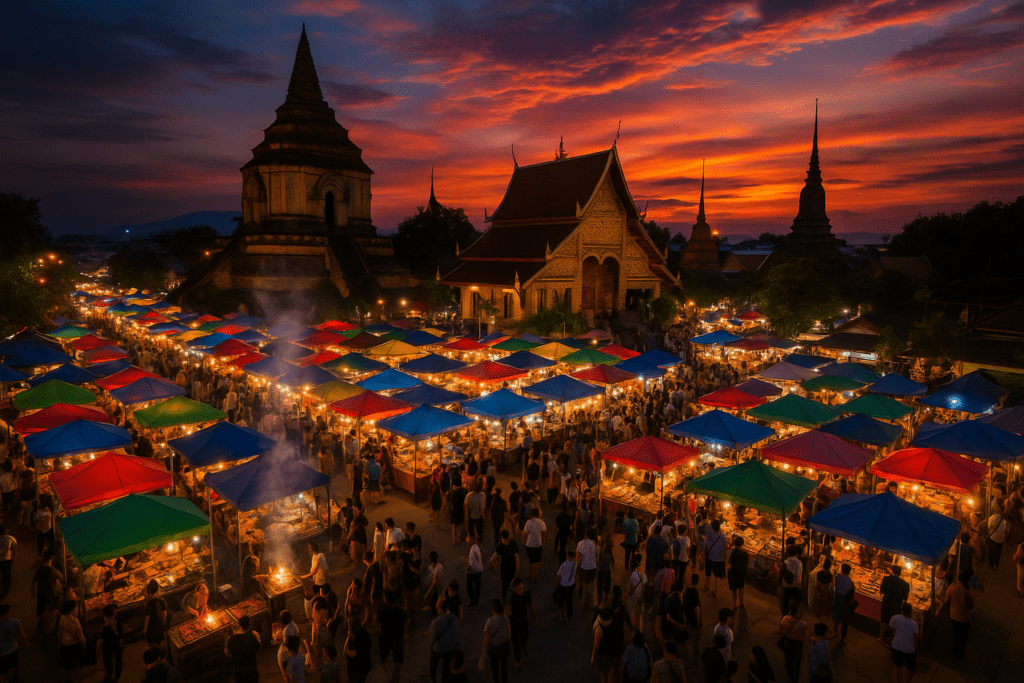 Aerial view of Chiang Mai night market with vibrant stalls and temples