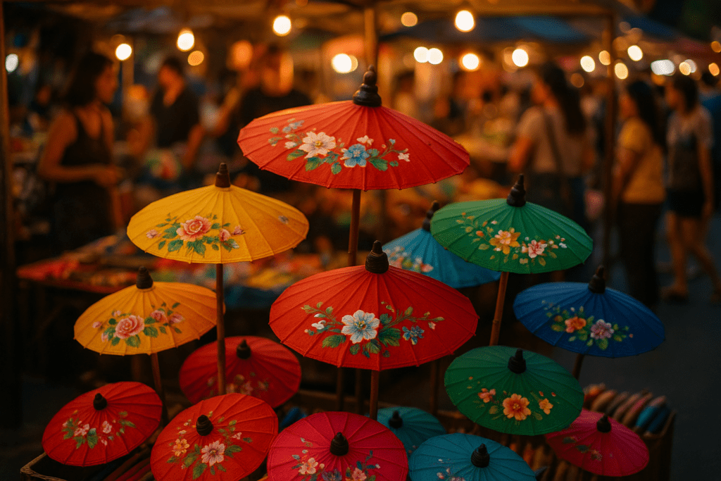 Colorful hand-painted umbrellas at Chiang Mai night market stall during sunset