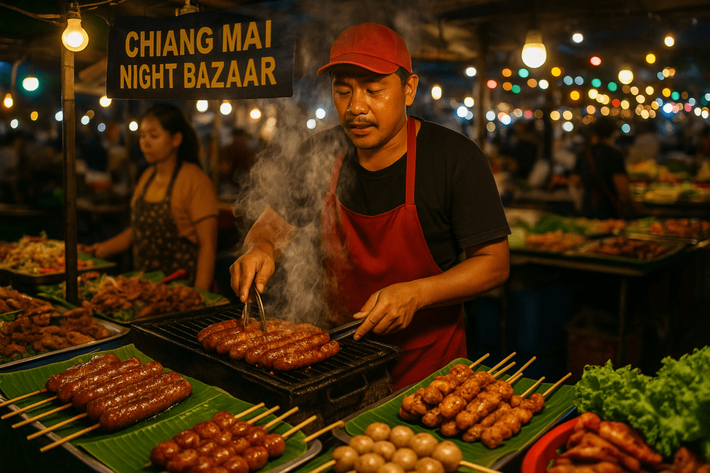 Street food vendor grilling sausages at Chiang Mai night market