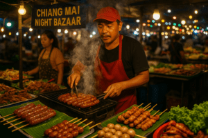 Street food vendor grilling sausages at Chiang Mai night market