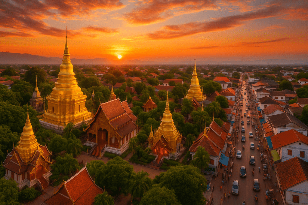 Aerial view of Chiang Mai's Old City with golden temple spires at sunset