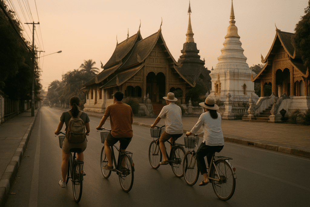 Cycling in Chiang Mai's Old City Cyclists riding in Chiang Mai's Old City with traditional temples