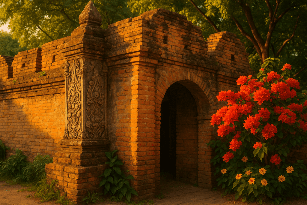 Intricate ancient gate of Chiang Mai Old City surrounded by greenery