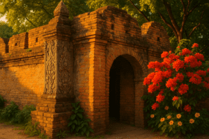 Intricate ancient gate of Chiang Mai Old City surrounded by greenery