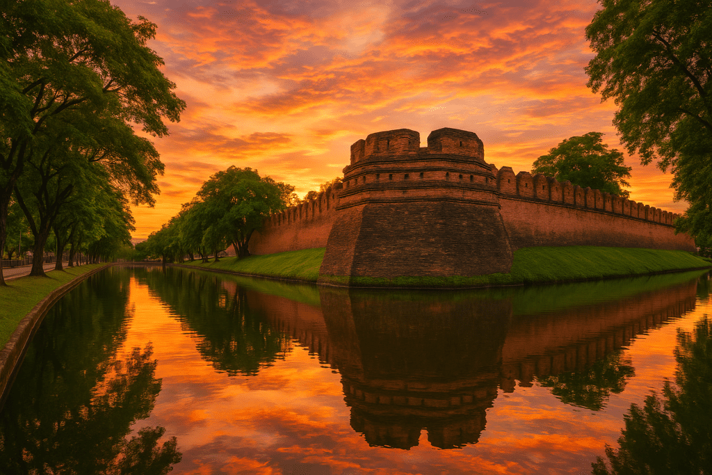 Sunset view of Chiang Mai Old City walls and moat
