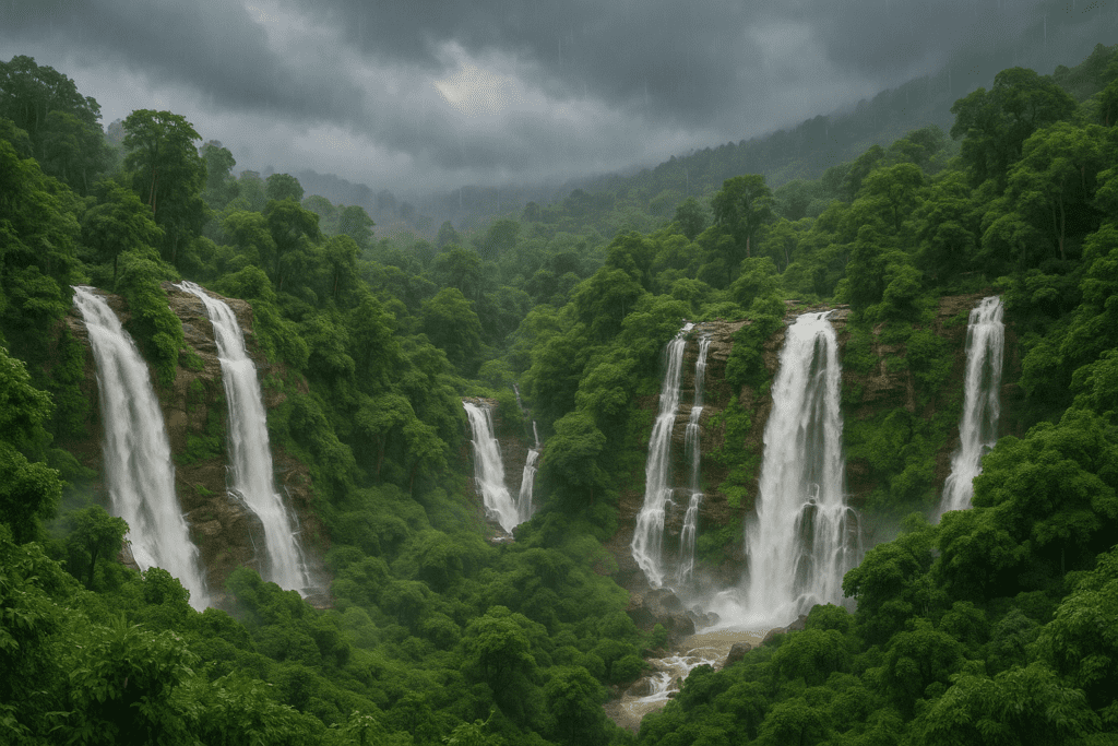 Lush landscape of Chiang Mai during the rainy season with waterfalls