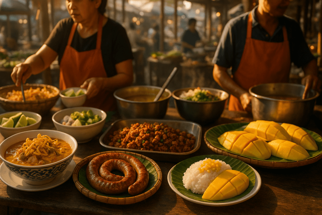 Close-up of Chiang Mai street food stall featuring Khao Soi and Mango Sticky Rice