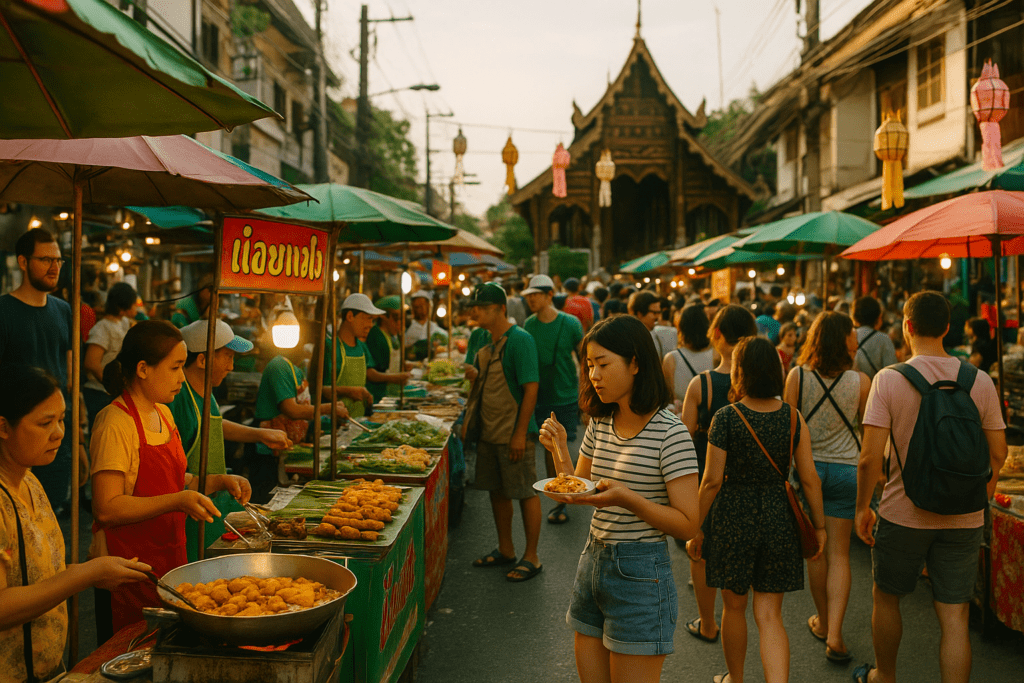 Lively Chiang Mai street market with food stalls and locals engaging in daily activities