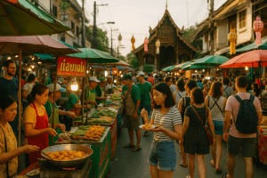 Lively Chiang Mai street market with food stalls and locals engaging in daily activities