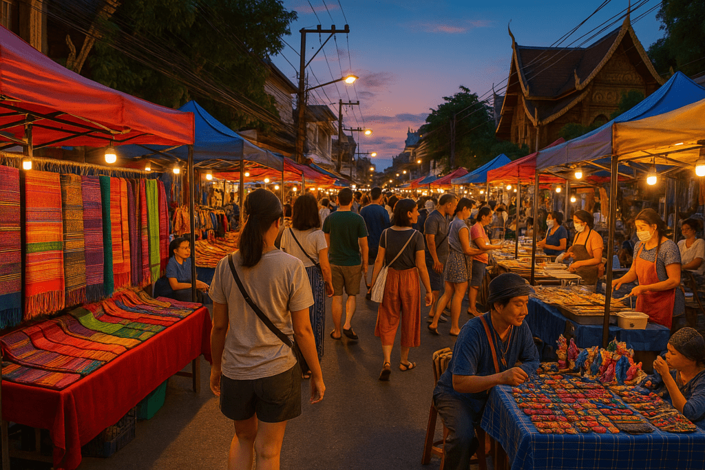 Bustling Sunday Walking Street Market in Chiang Mai filled with colorful stalls