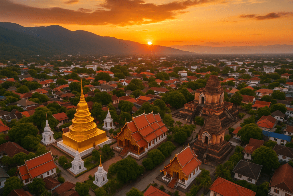 Chiang Mai Transport Guide Thumbnail Aerial sunset view of Chiang Mai's historic temples and mountains