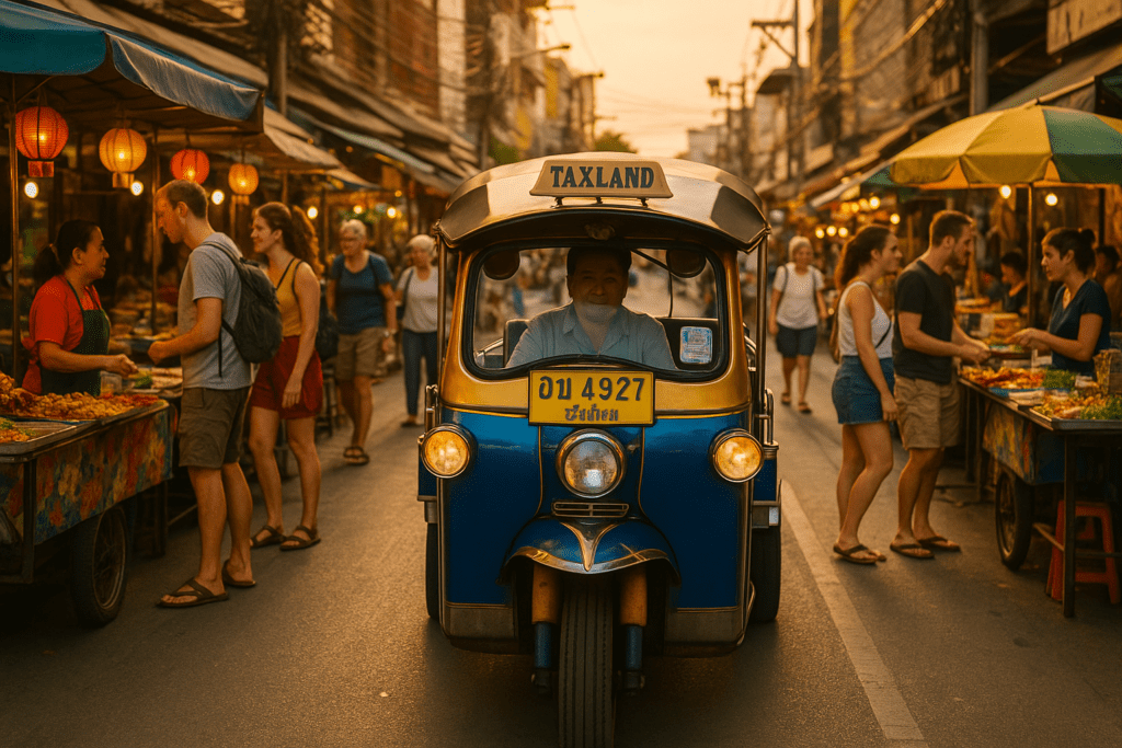 Chiang Mai Street Life with Tuk-Tuks Tuk-tuk on bustling Chiang Mai street filled with vibrant food stalls