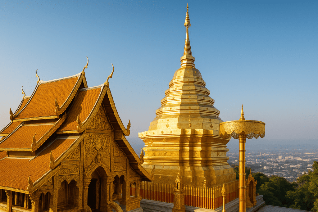 Close-up of Doi Suthep Temple with Chiang Mai in the background during cool season