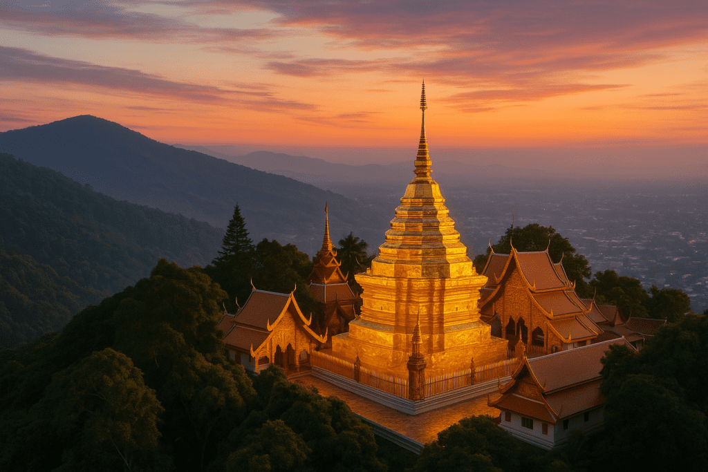 Dawn view of Doi Suthep Temple with golden stupa