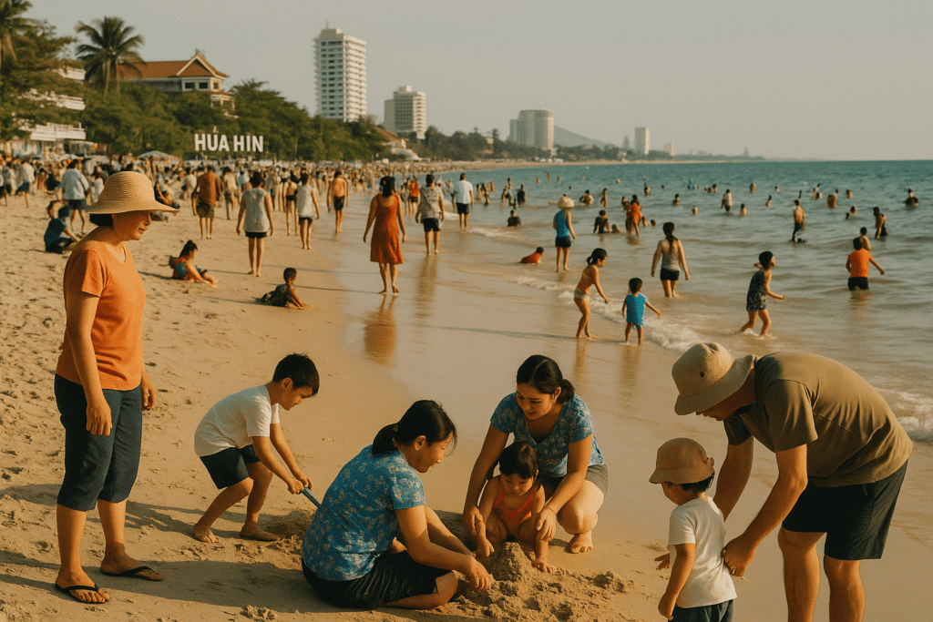 Family-friendly Hua Hin beach scene with tourists and locals enjoying activities