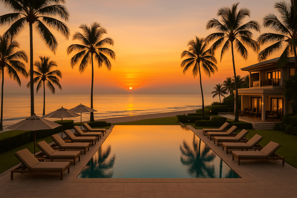 Elegant beachfront resort in Hua Hin during sunset