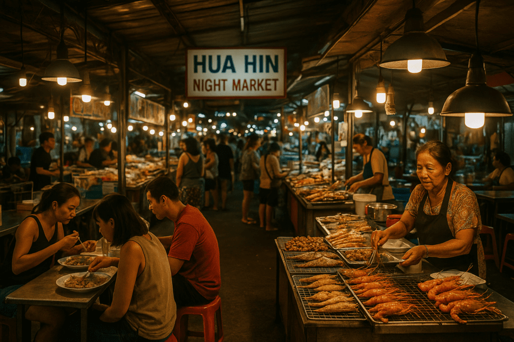 Vibrant night market in Hua Hin showcasing local food vendors and visitors
