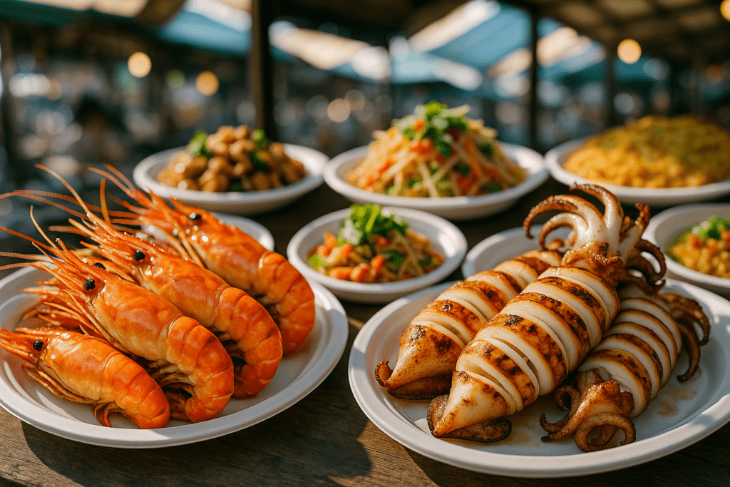 Close-up of fresh seafood dishes at Hua Hin Night Market