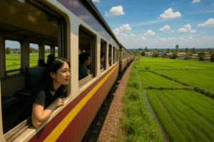 Train journey from Bangkok to Hua Hin showcasing scenic Thai countryside