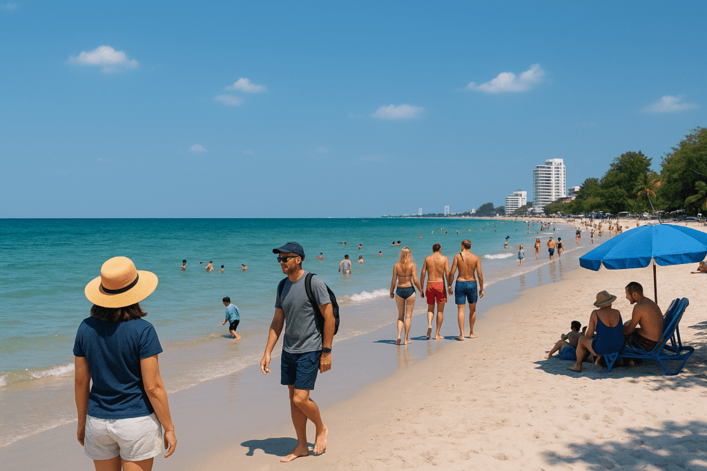 People enjoying sunny beach day at Hua Hin, showcasing the perfect weather and scenery