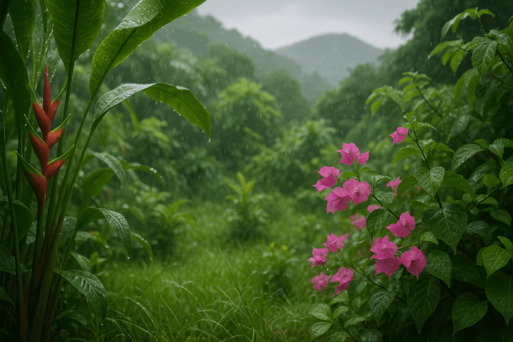 Lush green landscape in Hua Hin after rainfall showcasing vibrant flora