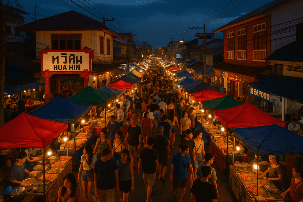 Aerial view of Hua Hin night market bustling with activity and colorful stalls