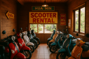 Scooter rental shop in Hua Hin featuring various motorbikes for rent