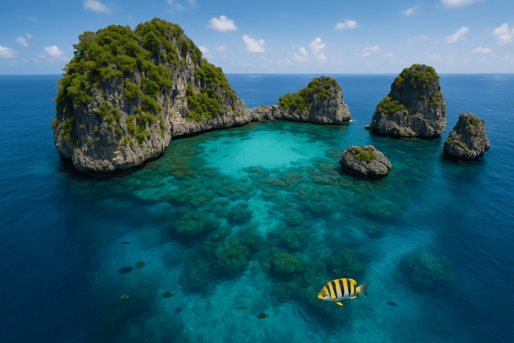 Scenic view of Koh Haa's limestone islands and clear lagoon for snorkeling