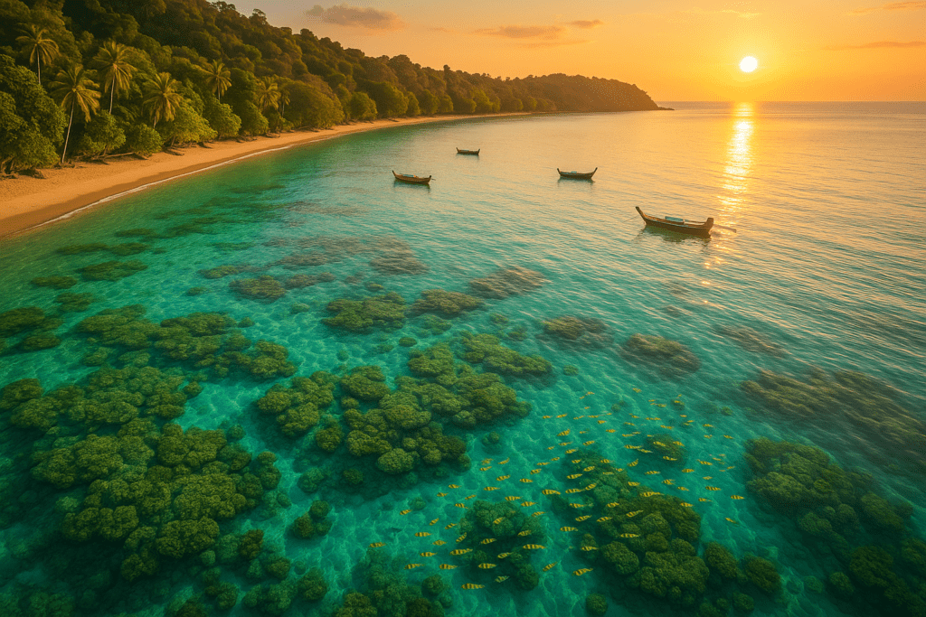 Aerial view of Koh Lanta showcasing vibrant coral reefs and clear waters