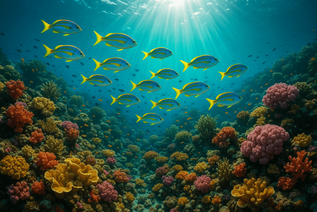 Colorful coral reef with tropical fish in Koh Lanta's underwater world