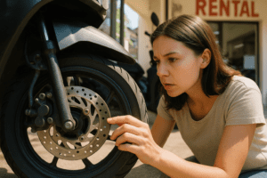 Close-up of motorcycle inspection focusing on brakes and tires in Thailand