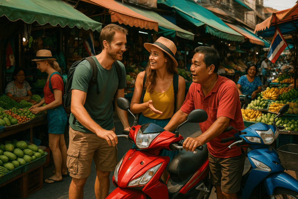 Motorbike rentals at local markets in Thailand Tourists negotiating motorbike rentals in vibrant Thailand market