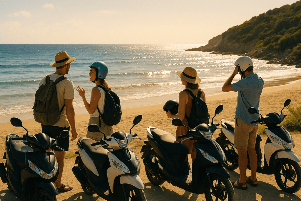 Returning motorbike at beach in Thailand Tourists returning rented motorbike at Thailand beach