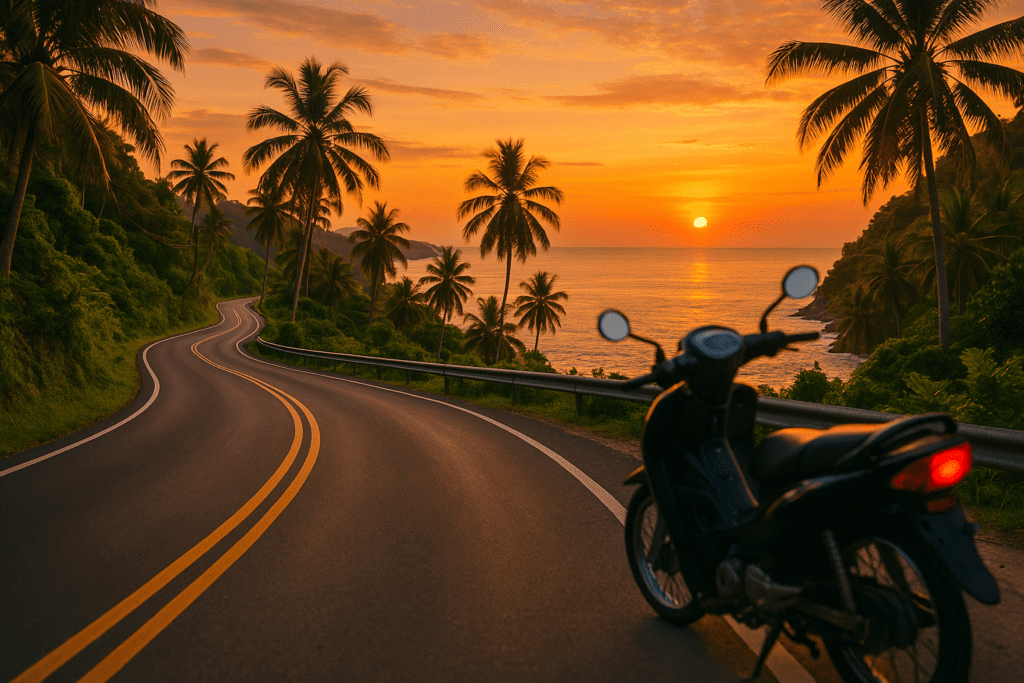 Motorbike adventures on Thailand's coastal highways Scenic Thailand coastal highway with motorcycle at sunset