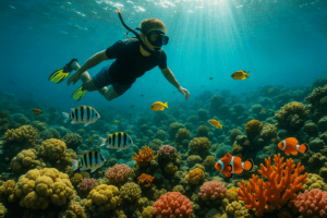 Snorkeler above vibrant coral garden in Koh Lanta, Thailand