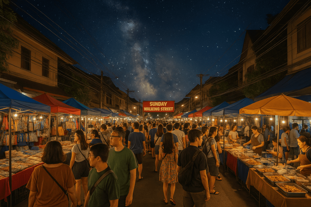 Crowd enjoying vibrant stalls at Sunday Walking Street market Chiang Mai