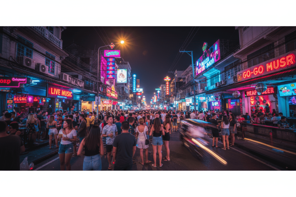 Excited crowd enjoying Phuket's Bangla Road nightlife with neon lights