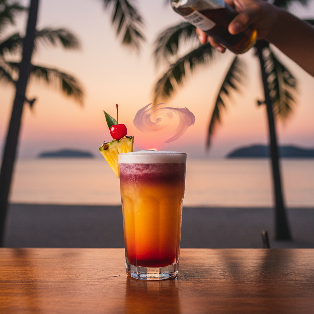 Vibrant cocktail served at a Phuket beachfront bar during sunset