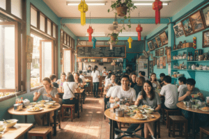 Dining inside a lively local restaurant in Hua Hin, Thailand filled with diners enjoying authentic Thai food