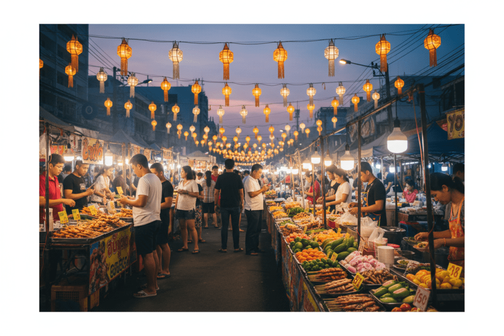 Lively Hua Hin Night Market with vibrant food stalls and crowds enjoying local delicacies