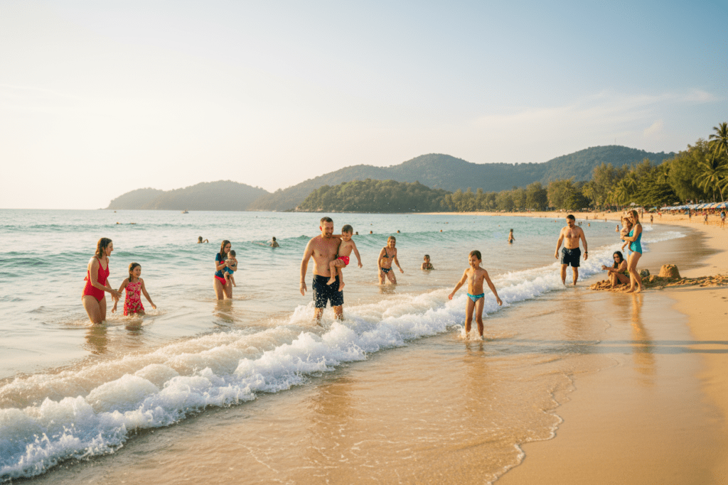 Families enjoying gentle waves at Kata Beach, a family-friendly destination in Phuket