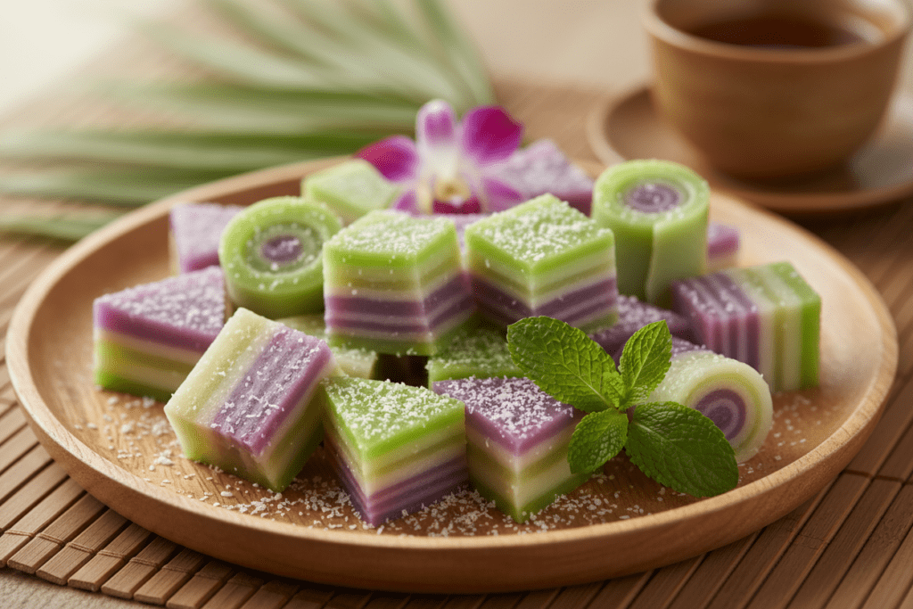 Artfully plated Khanom Chun dessert, a colorful traditional Phuket sweet