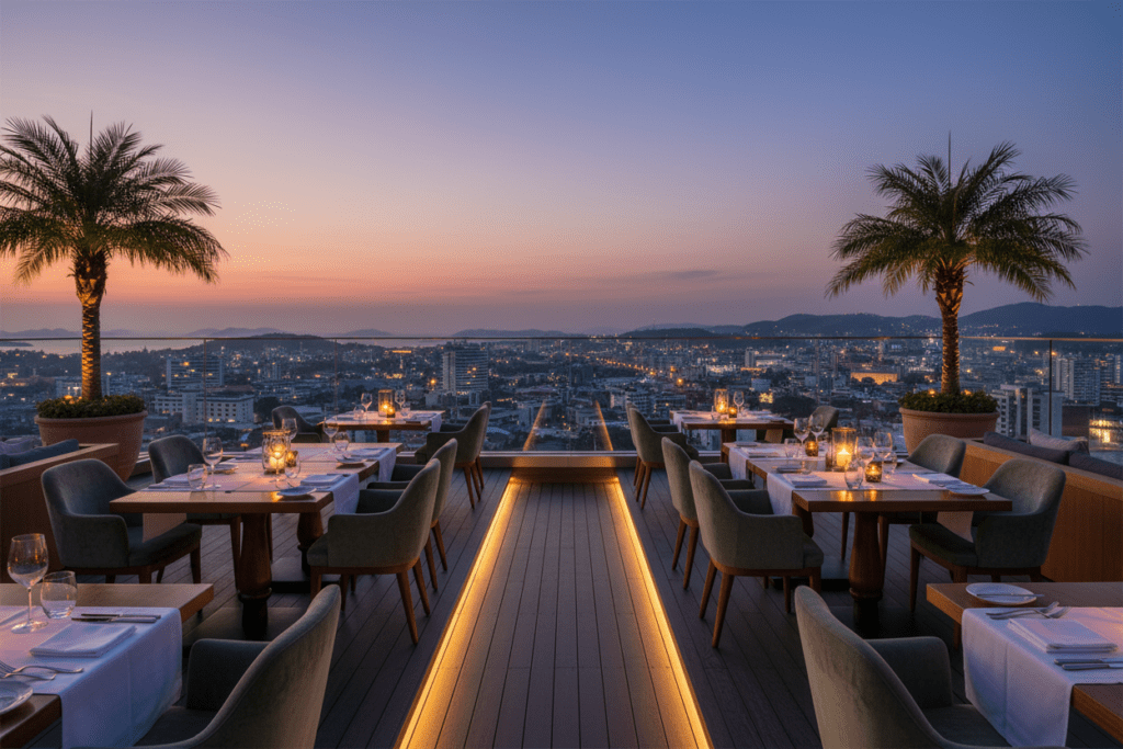 Luxury dining atmosphere with city views at a Phuket rooftop bar