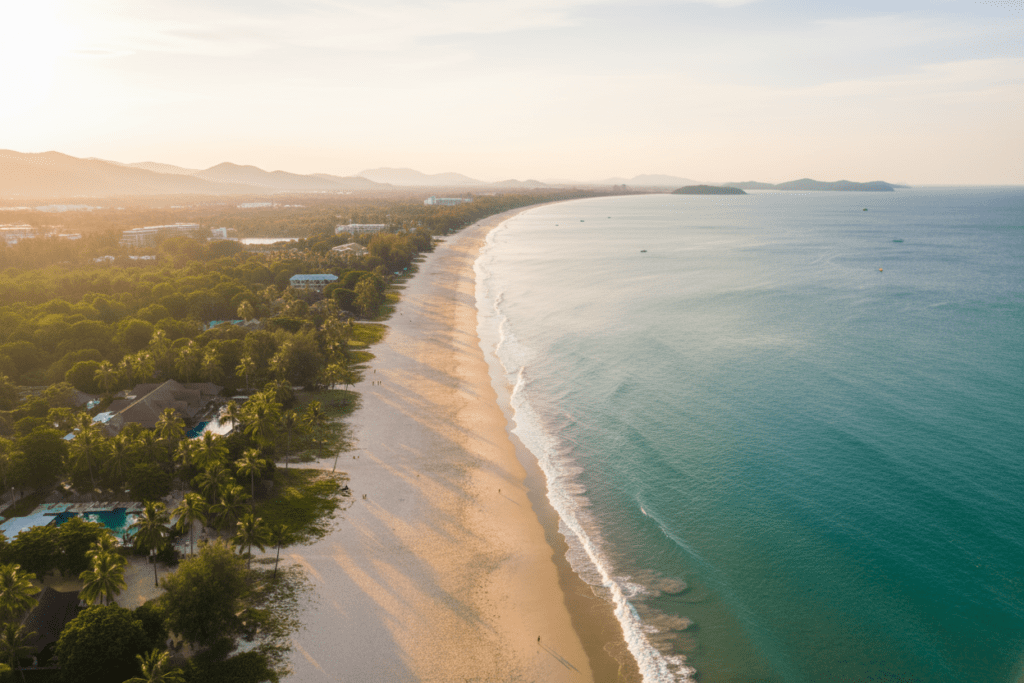 Aerial view of Mai Khao Beach, a tranquil spot in Phuket with clear waters