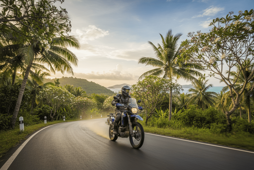 Adventure Riding in Phuket's Lush Landscapes Traveler riding a motorbike through lush landscapes in Phuket.