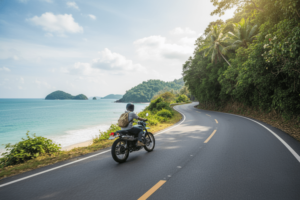 Discover Phuket by Motorbike: A Scenic Adventure Traveler riding a motorbike on a coastal road in Phuket.