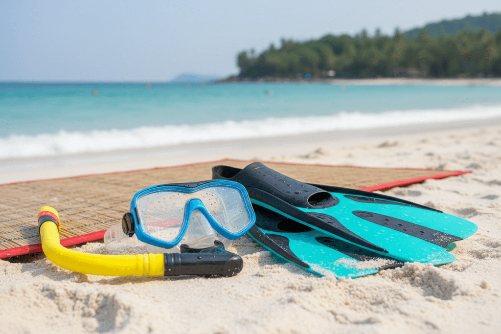 Snorkeling equipment on a tropical beach at Nai Harn, perfect for underwater exploration