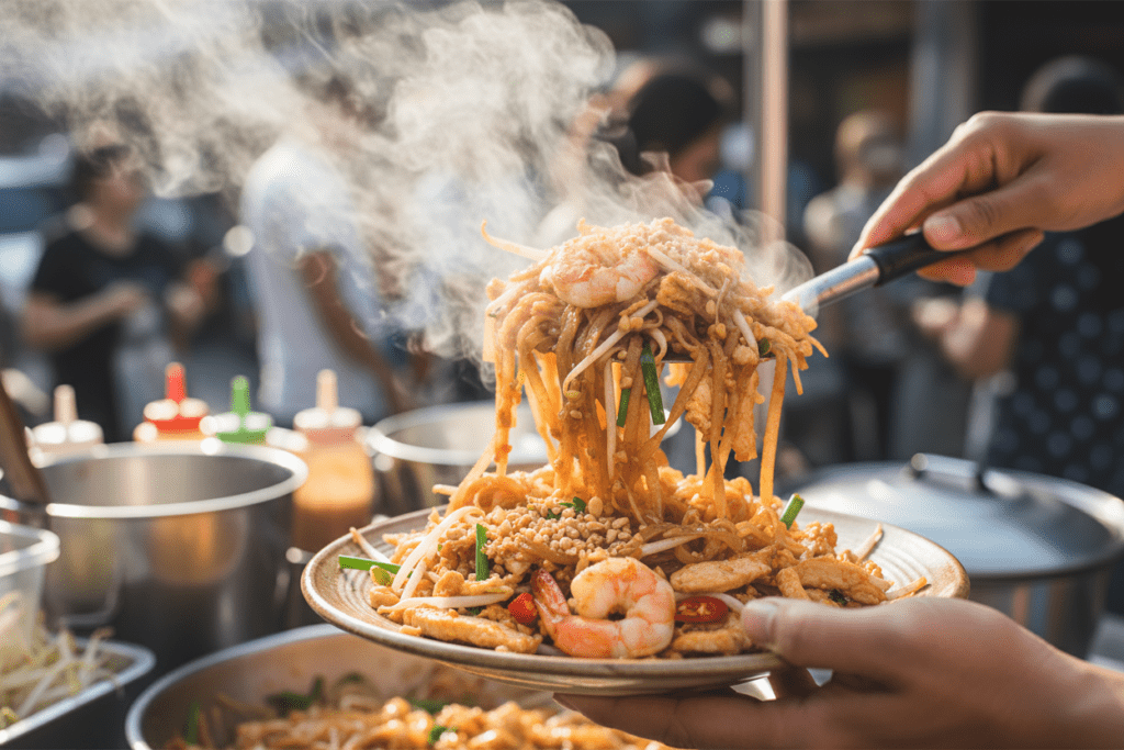 Close-up of delicious pad Thai served at a street stall in Hua Hin, Thailand